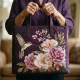 Borsa a Spalla Trapuntata Viola con Colibrì e Orchidee
